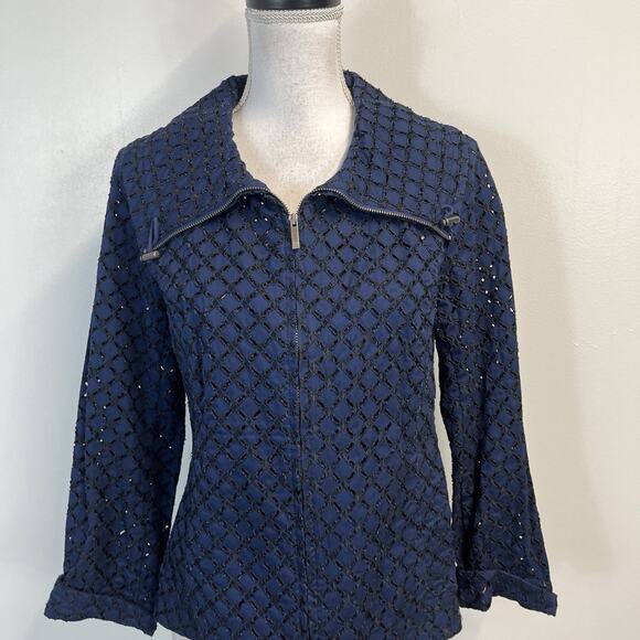 Coldwater Creek Navy Eyelet Blazer Women's 8 Petite Zip Front Nautical Style - Picture 2 of 9